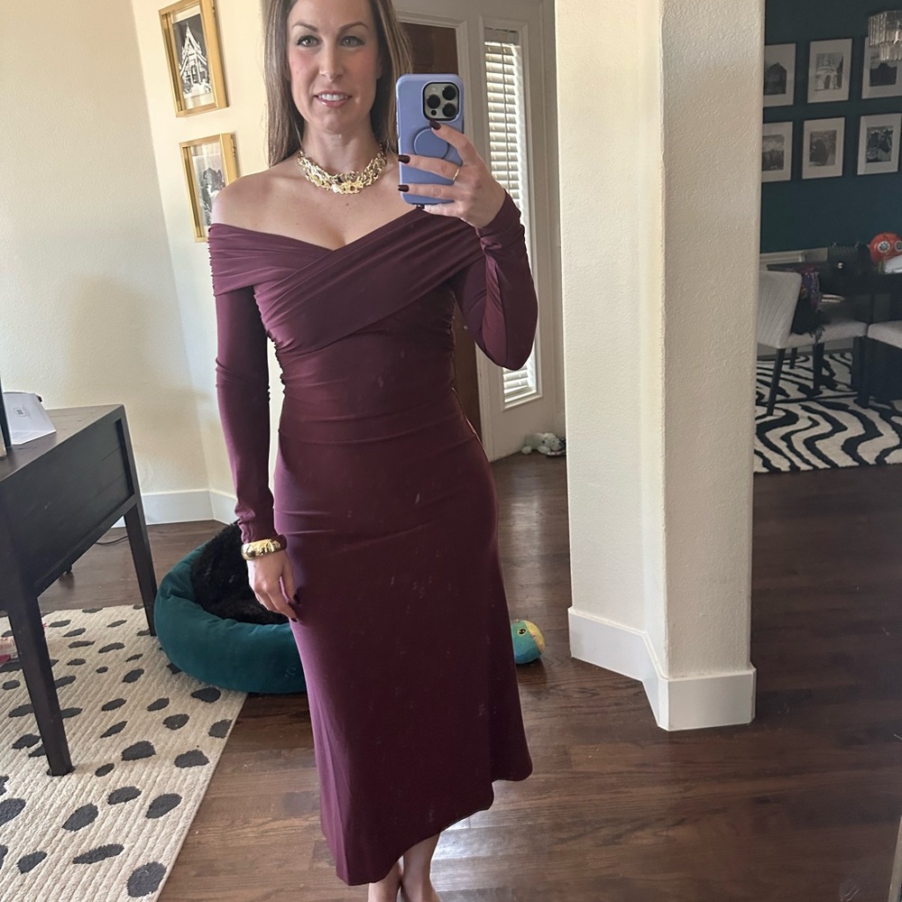 Elegant Off-Shoulder Brownish-Burgundy Dress From Aritzia